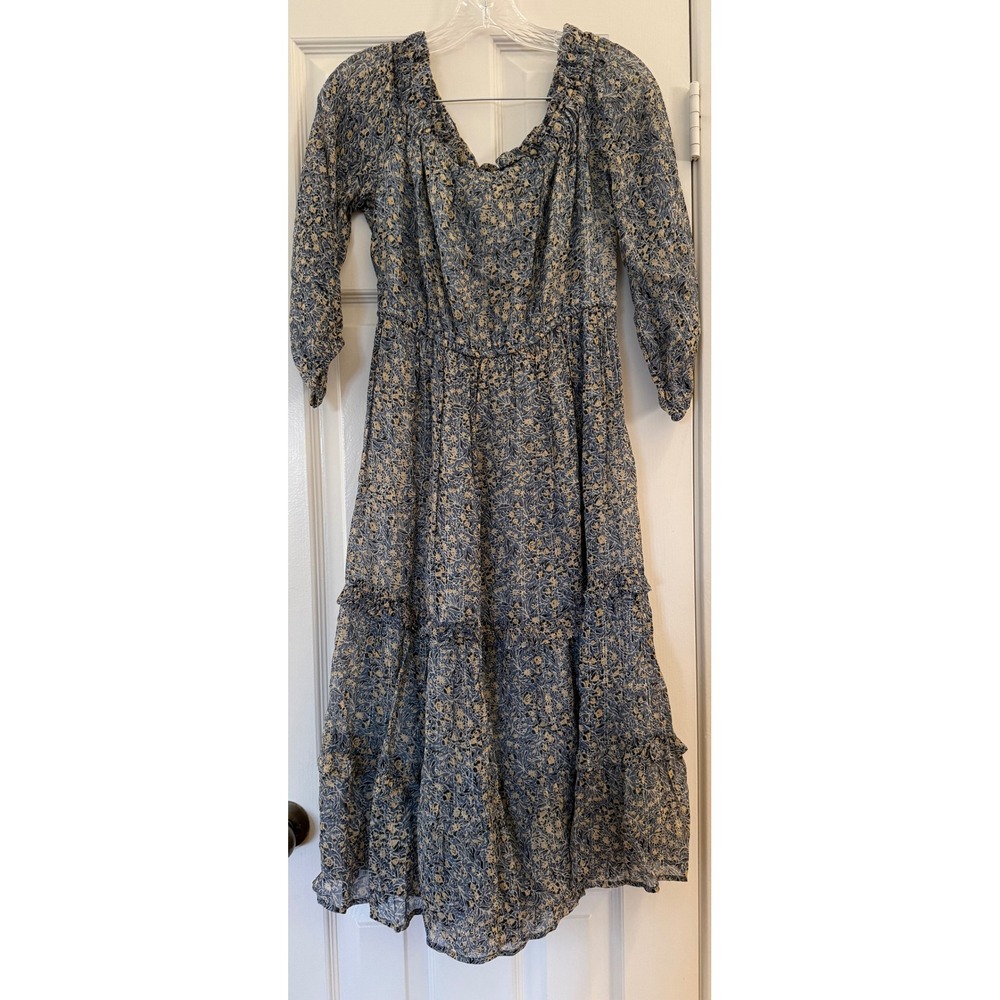 Anthropologie Blue Floral Lurex Tiered Midi Dress Ruffle Neck Size 2